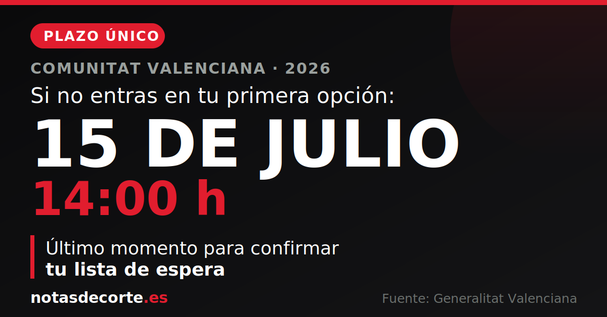 El plazo para confirmar la lista de espera en la preinscripción valenciana termina el 15 de julio a las 14:00; después habrá siete adjudicaciones más hasta el 1 de octubre